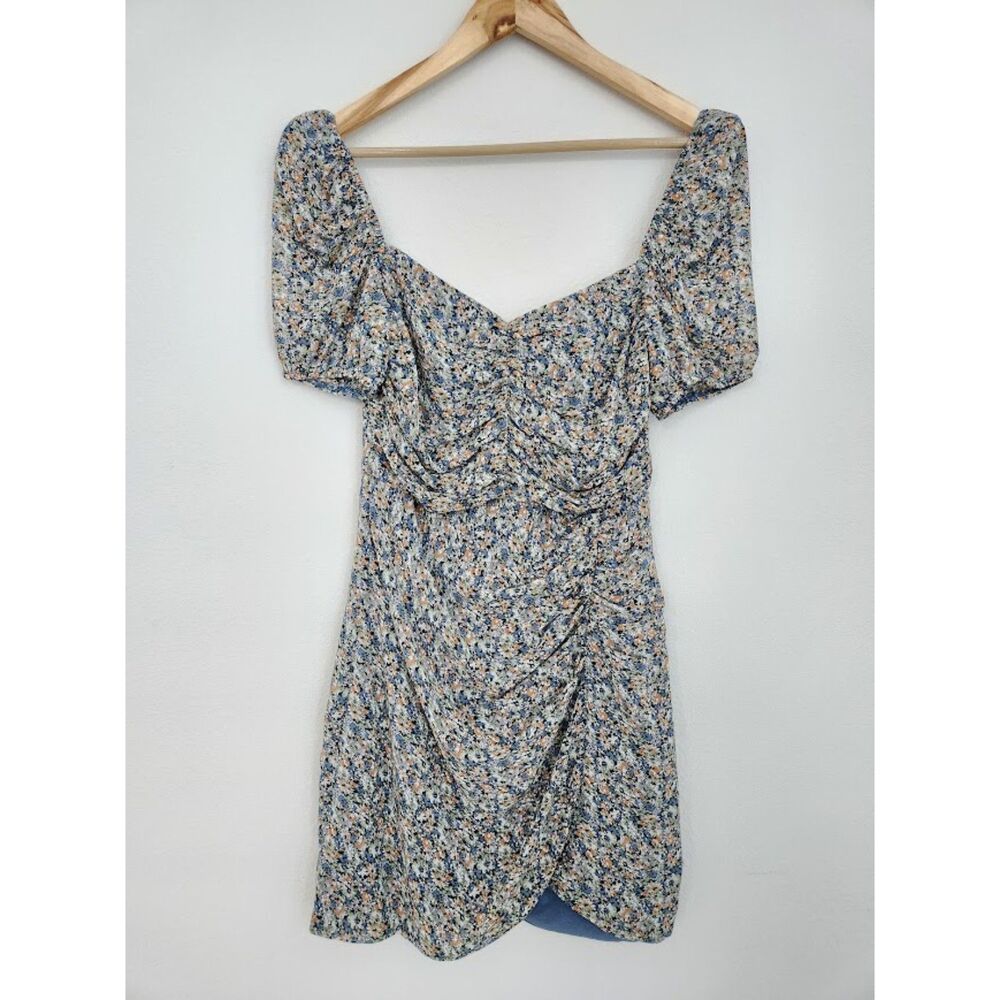 ASTR the Label Blue Floral Puff Sleeve Ruched Mini Dress | Size S